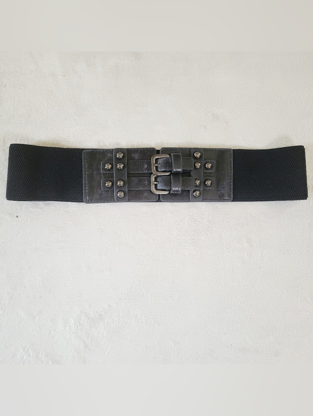 1990s Wide Black Double Buckle Stretch Belt Whimsigoth Witchy